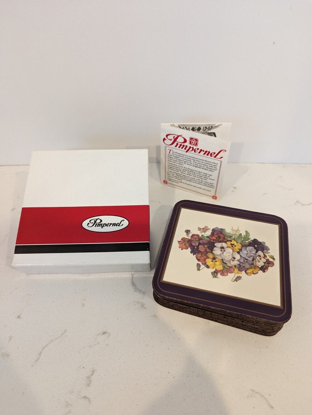 Pimpernel 6 Cork Backed Coasters In Box Pansies Purple Trim England Heritage